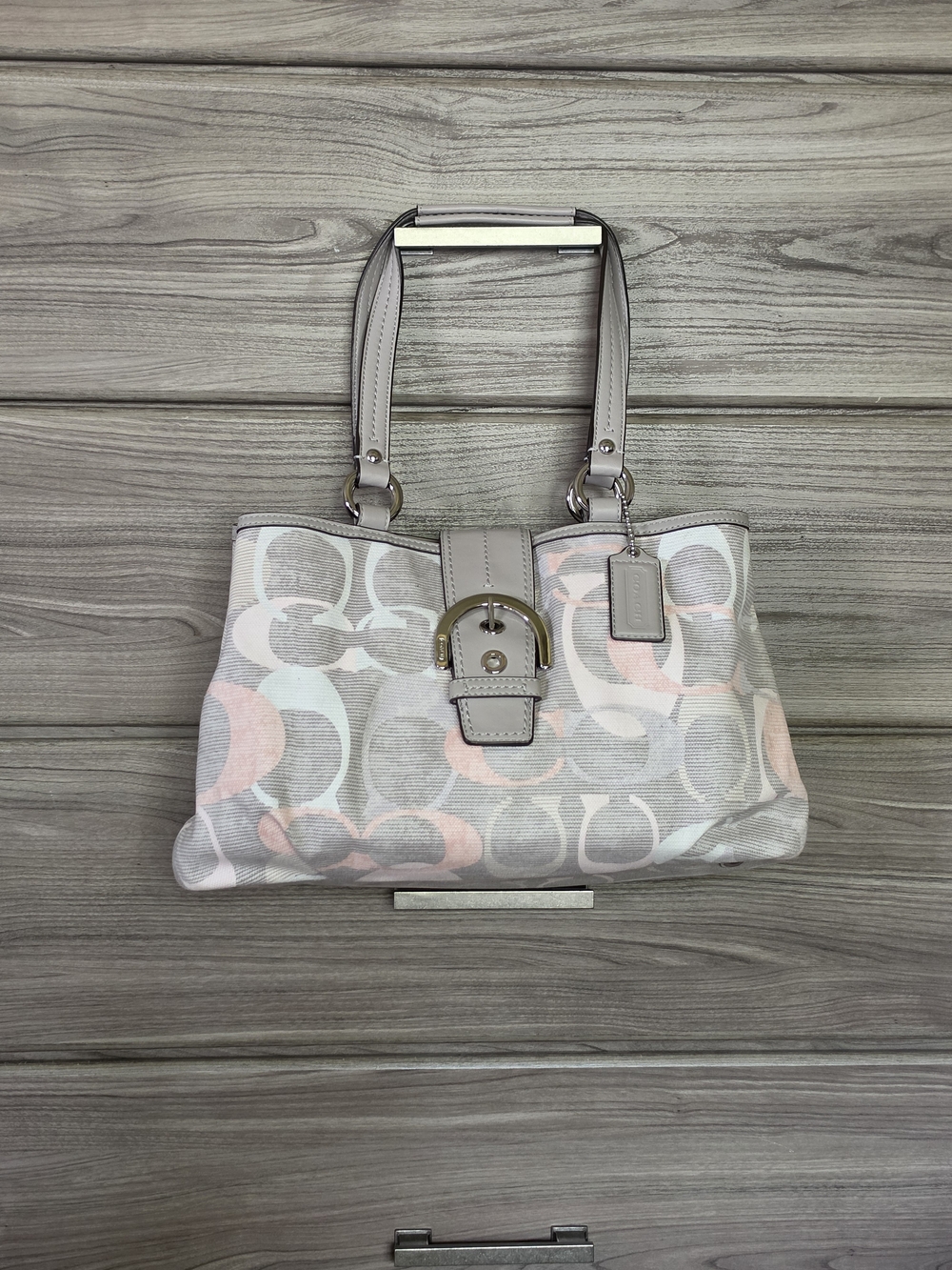 Coach Soho Optic Gray and Peach Signature Pattern Shoulder Bag